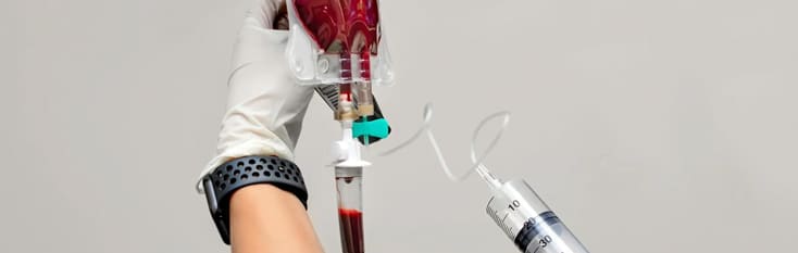 Gloved hand holds a bag of donated blood with tubing attached for transfusion.
